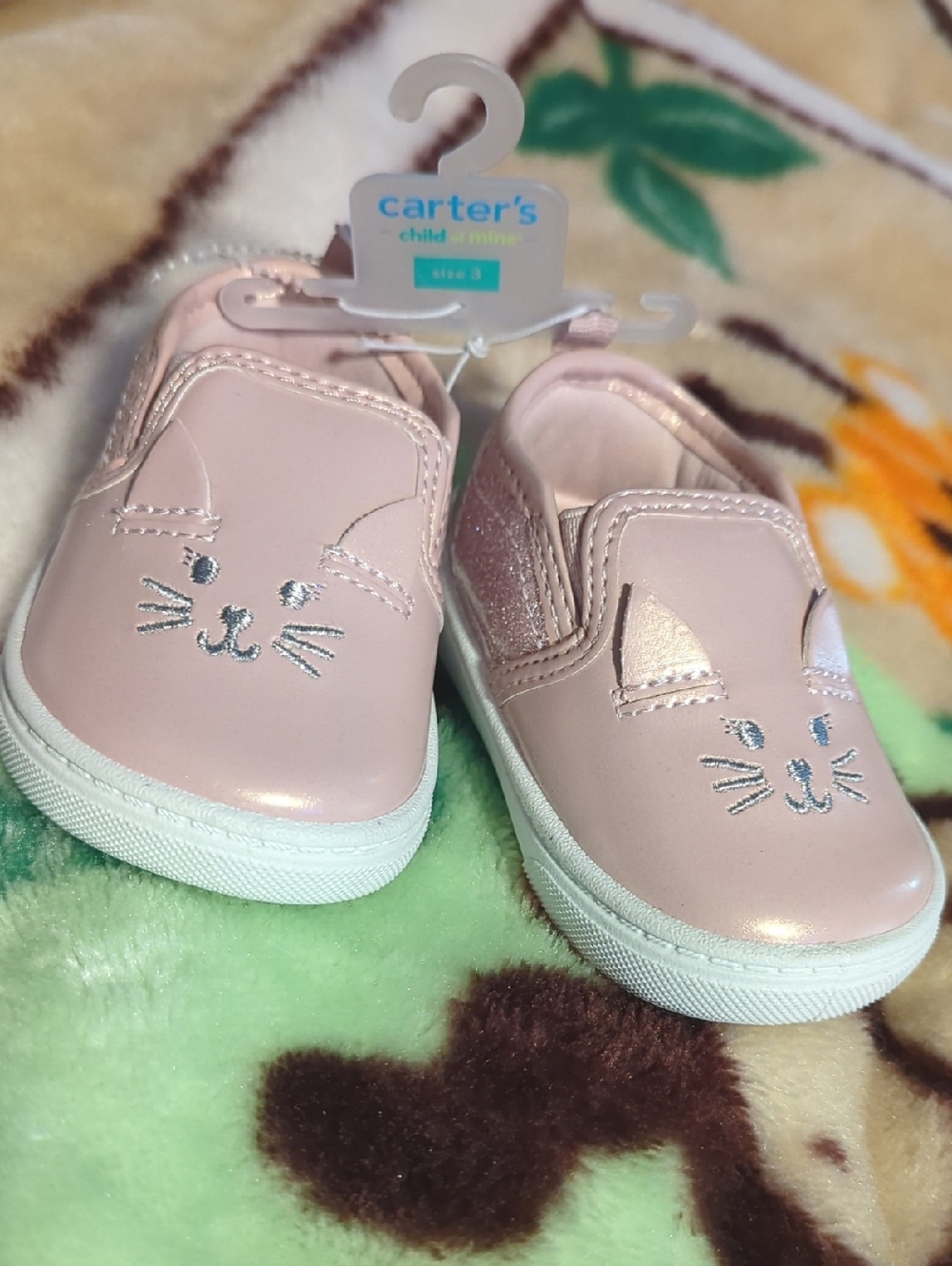 Carter's Baby Girl Light Pink Cat Face Slip-On Sneakers Size 3 NWT